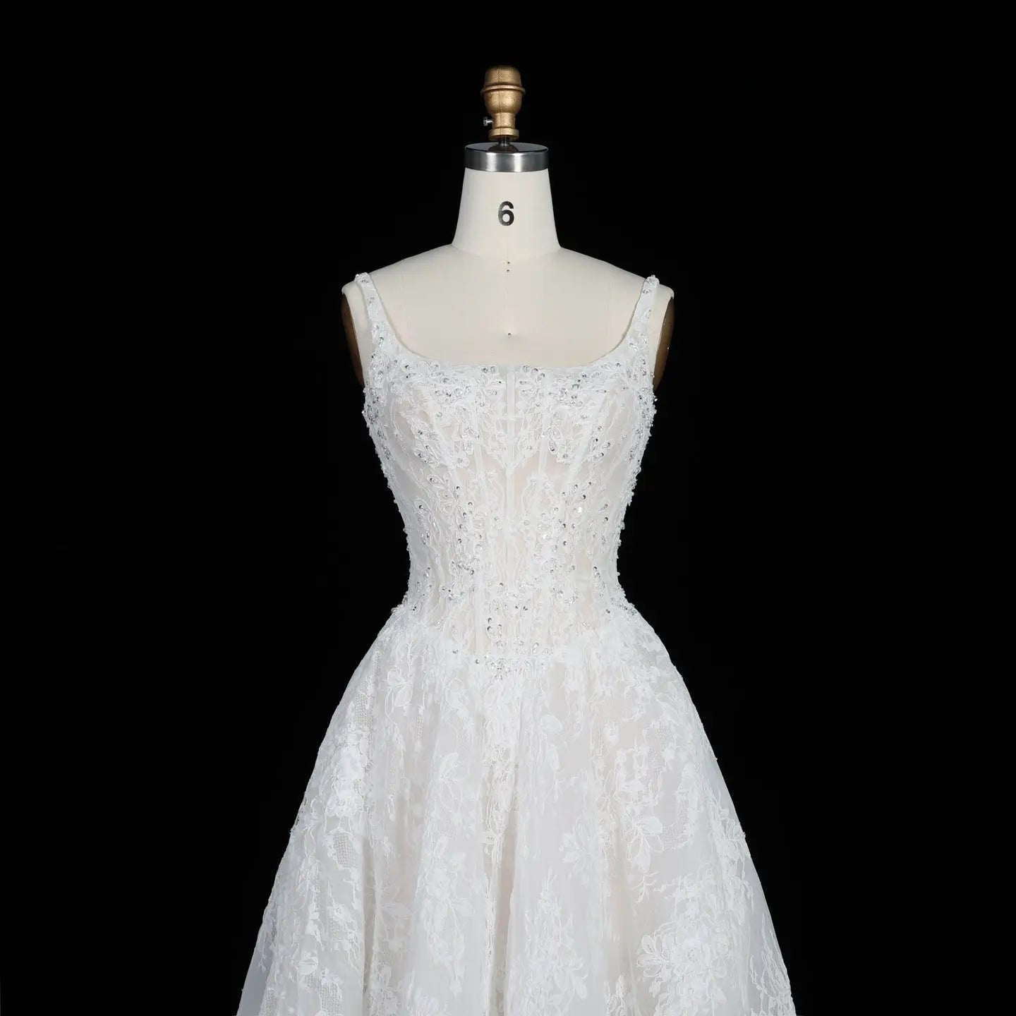 White Lace Spaghetti Strap Bridal Gown Square Neck Beaded Corset Ball Gown SW612