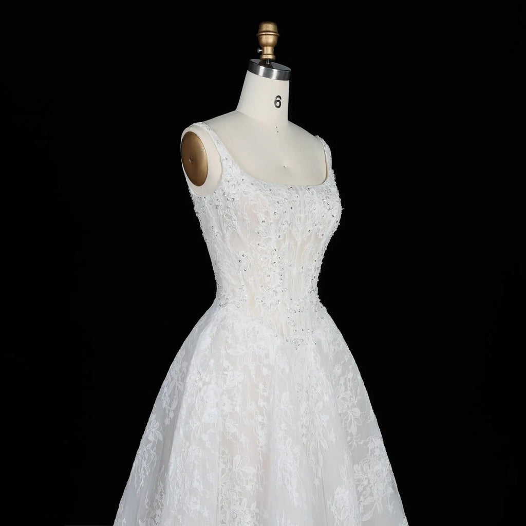 White Lace Spaghetti Strap Bridal Gown Square Neck Beaded Corset Ball Gown SW612