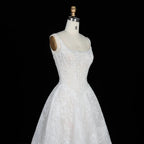 White Lace Spaghetti Strap Bridal Gown Square Neck Beaded Corset Ball Gown SW612