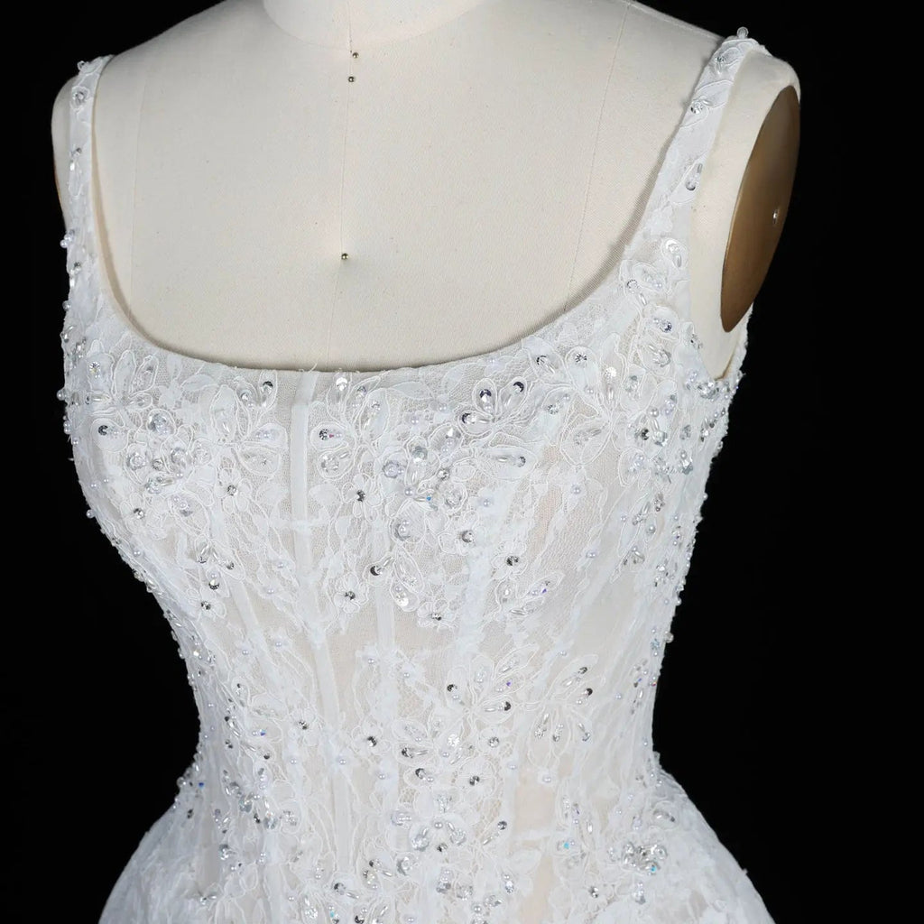 White Lace Spaghetti Strap Bridal Gown Square Neck Beaded Corset Ball Gown SW612