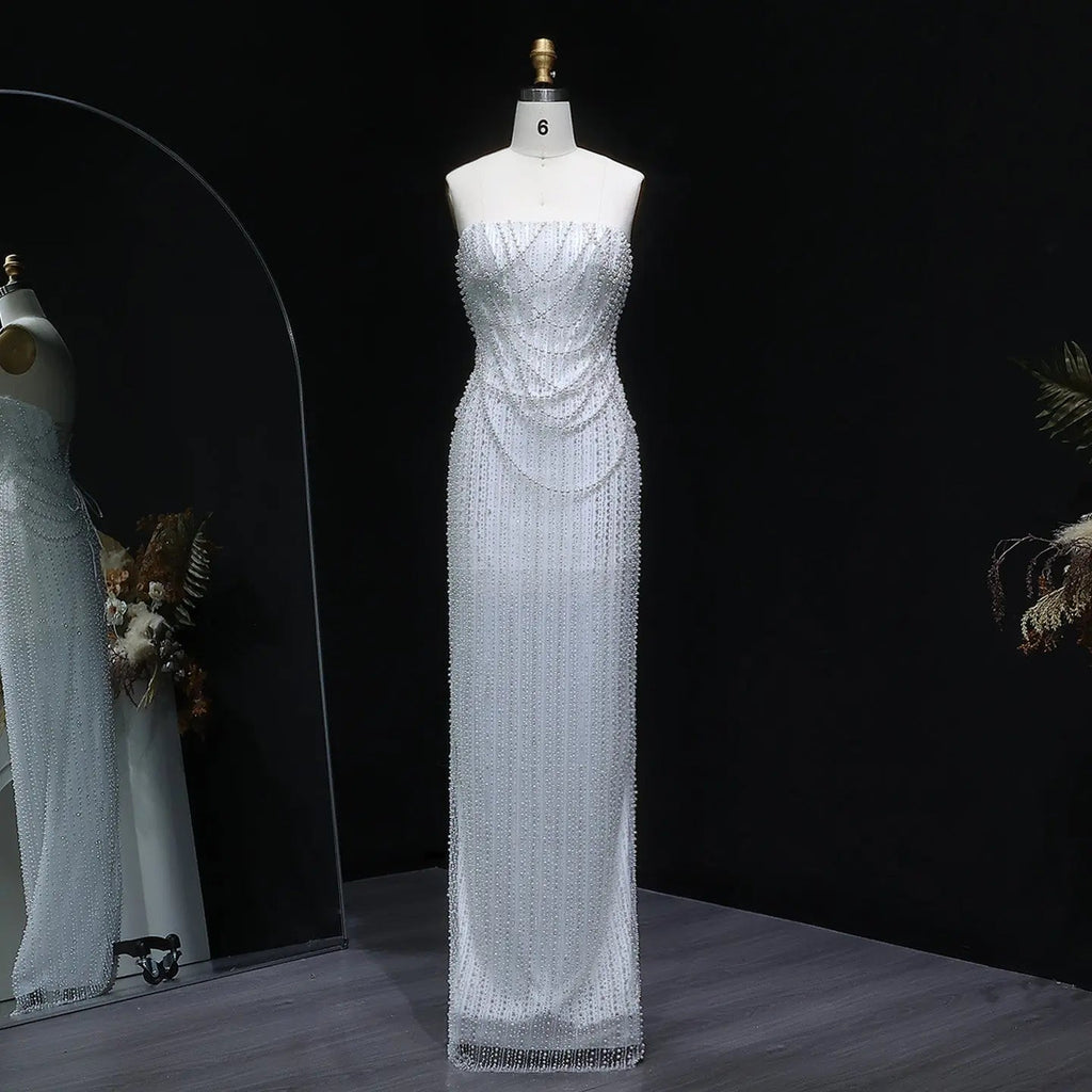 Luxury White Sequin Pearl Strapless Wedding Dress SW087