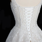 White Lace Spaghetti Strap Bridal Gown Square Neck Beaded Corset Ball Gown SW612