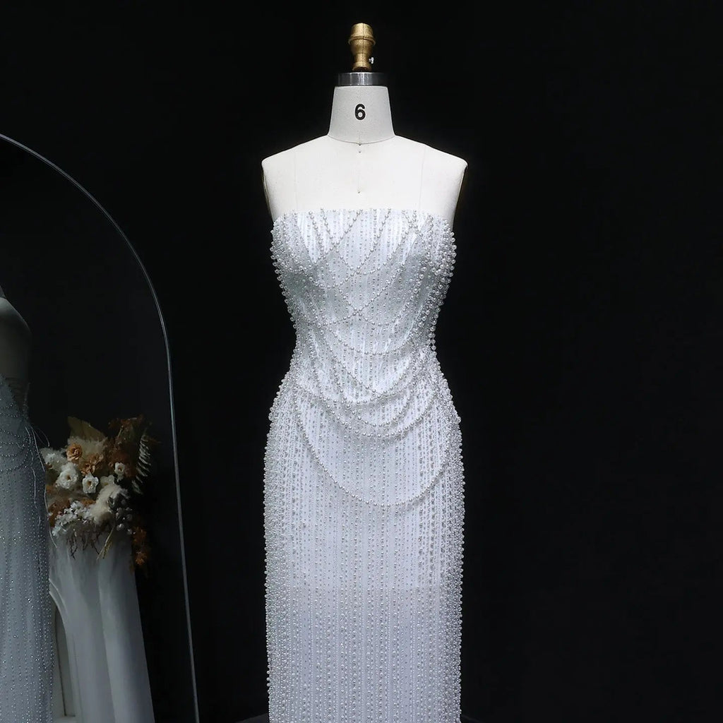 Luxury White Sequin Pearl Strapless Wedding Dress SW087