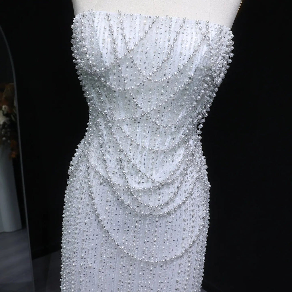 Luxury White Sequin Pearl Strapless Wedding Dress SW087
