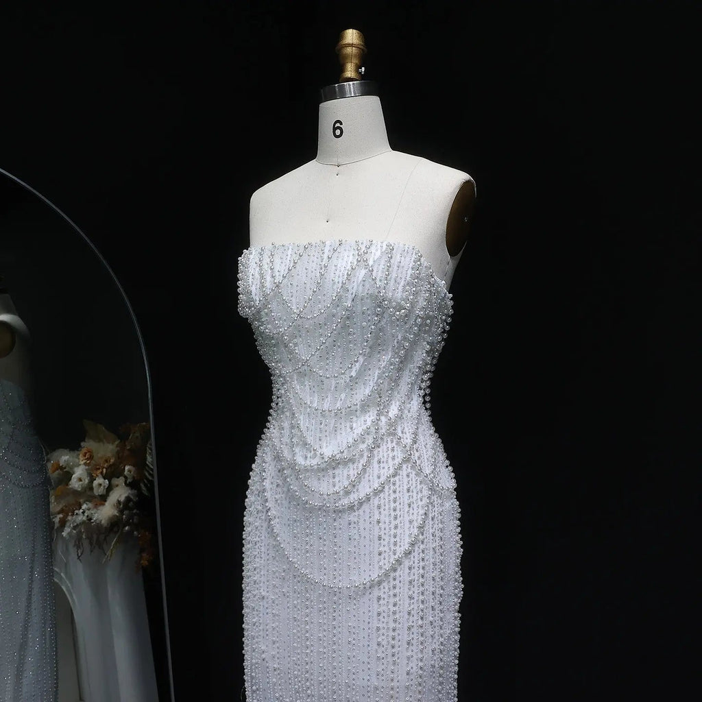 Luxury White Sequin Pearl Strapless Wedding Dress SW087