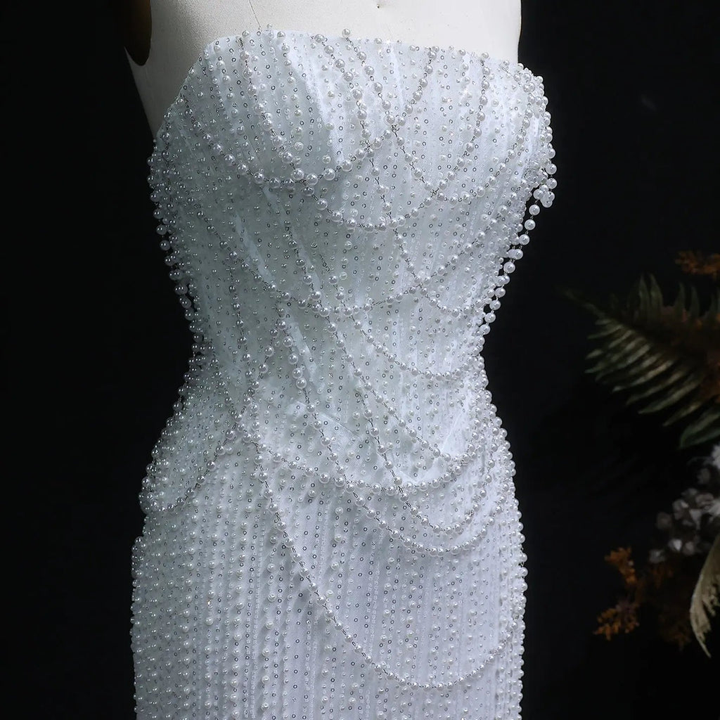 Luxury White Sequin Pearl Strapless Wedding Dress SW087