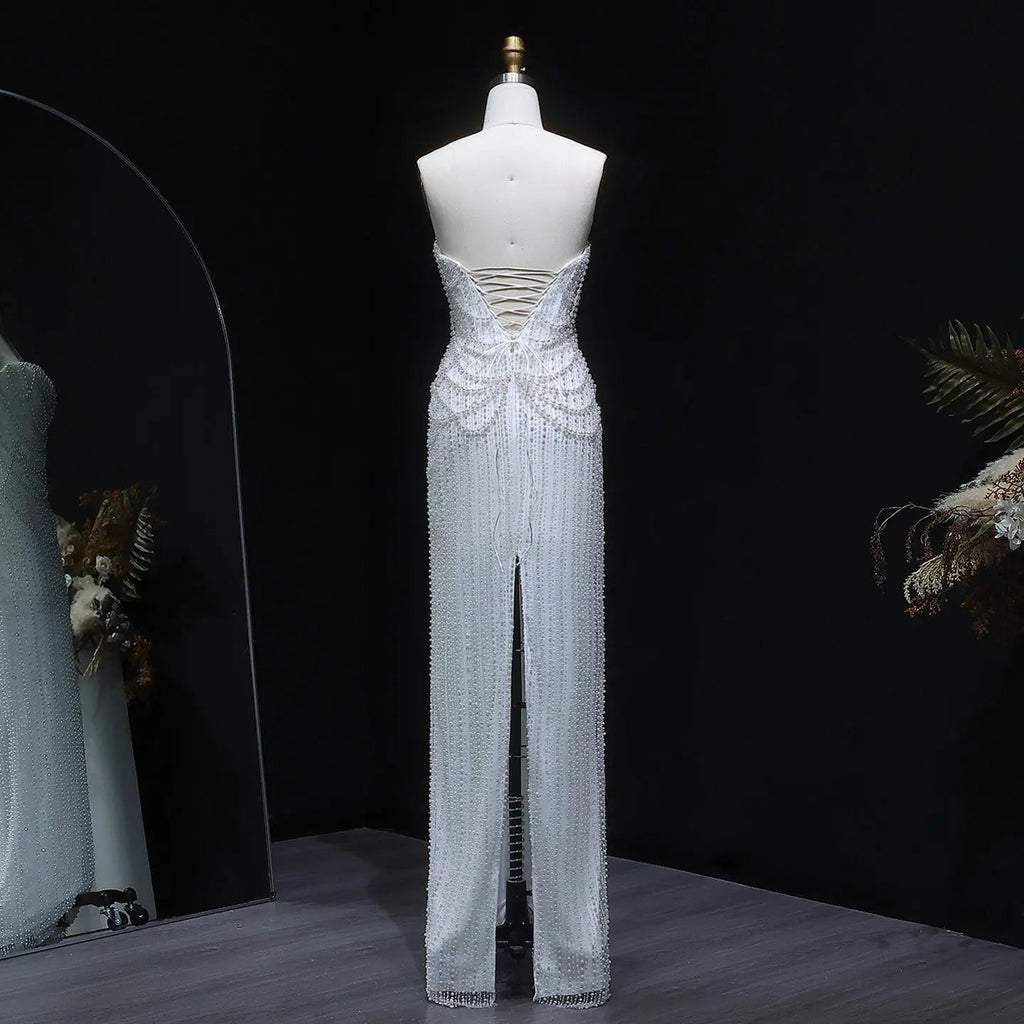 Luxury White Sequin Pearl Strapless Wedding Dress SW087