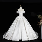 Off the Shoulder White Satin Ball Gown Wedding Dress with Long Cathedral Train SW675