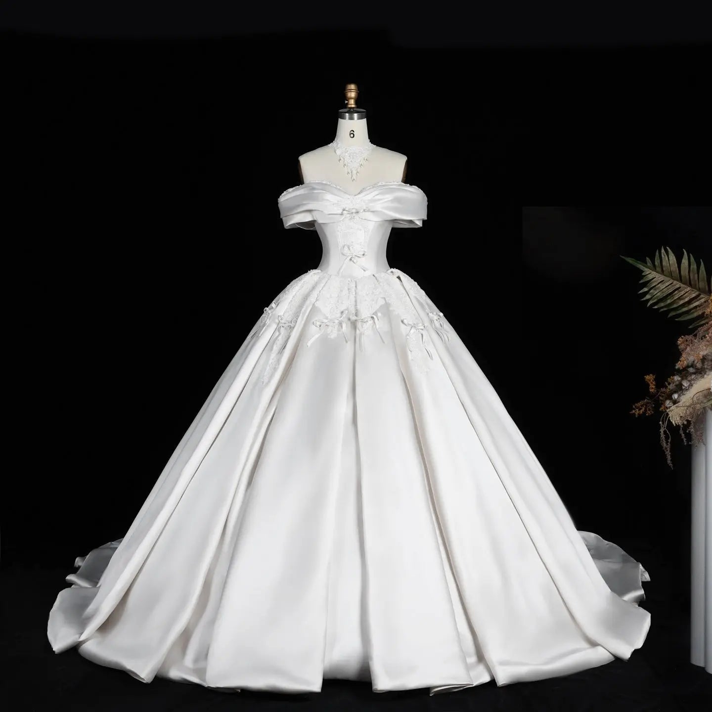 Off the Shoulder White Satin Ball Gown Wedding Dress with Long Cathedral Train SW675