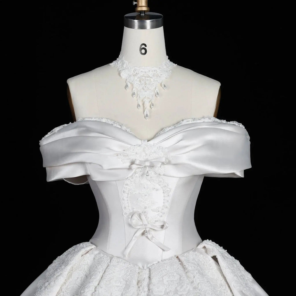 Off the Shoulder White Satin Ball Gown Wedding Dress with Long Cathedral Train SW675