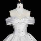 Off the Shoulder White Satin Ball Gown Wedding Dress with Long Cathedral Train SW675
