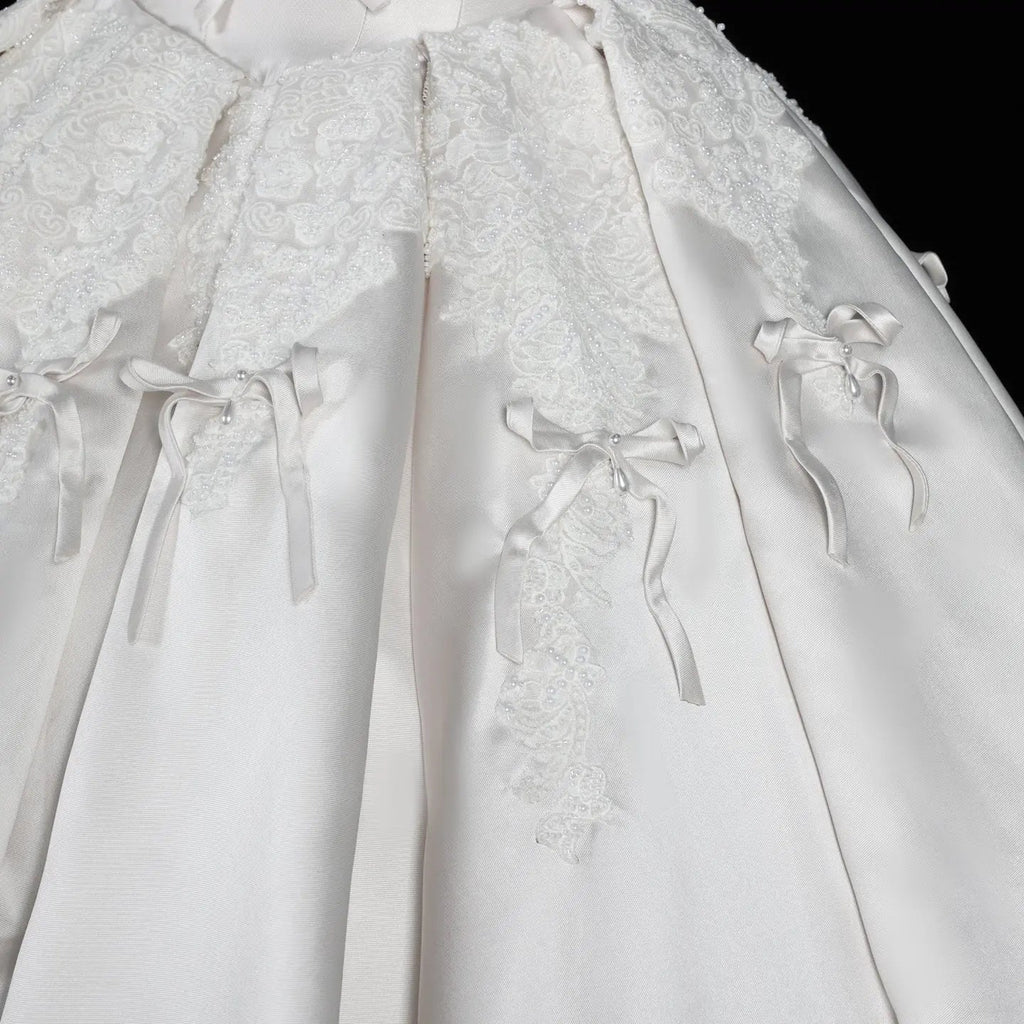 Off the Shoulder White Satin Ball Gown Wedding Dress with Long Cathedral Train SW675