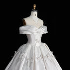 Off the Shoulder White Satin Ball Gown Wedding Dress with Long Cathedral Train SW675
