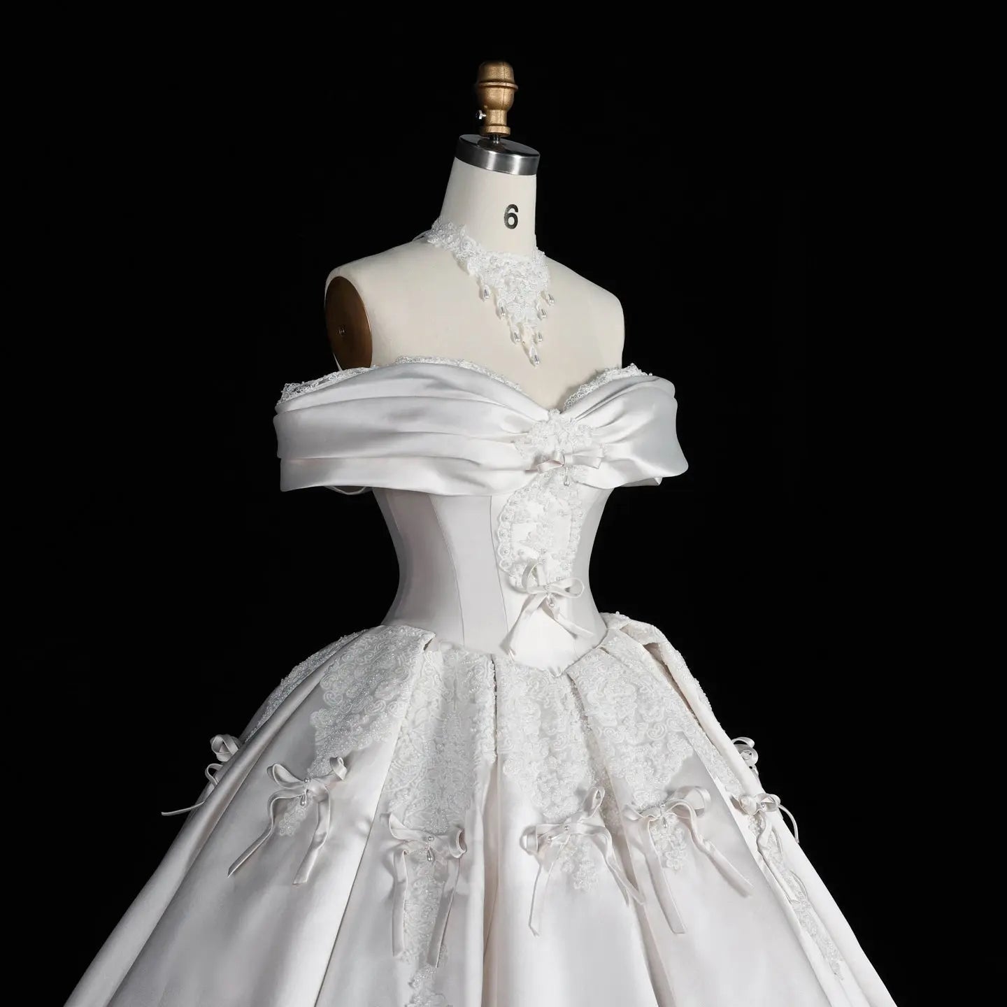 Off the Shoulder White Satin Ball Gown Wedding Dress with Long Cathedral Train SW675