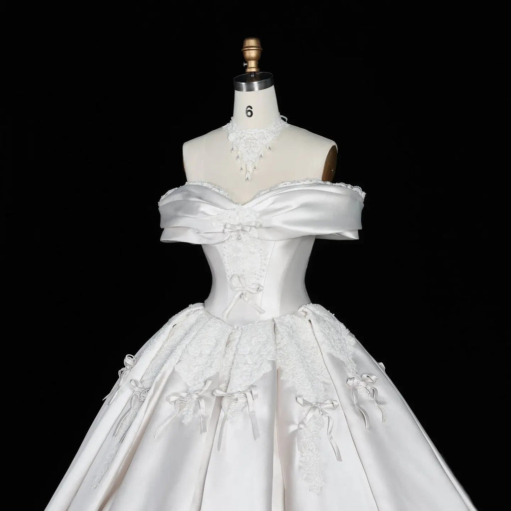 Off the Shoulder White Satin Ball Gown Wedding Dress with Long Cathedral Train SW675