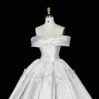Off the Shoulder White Satin Ball Gown Wedding Dress with Long Cathedral Train SW675
