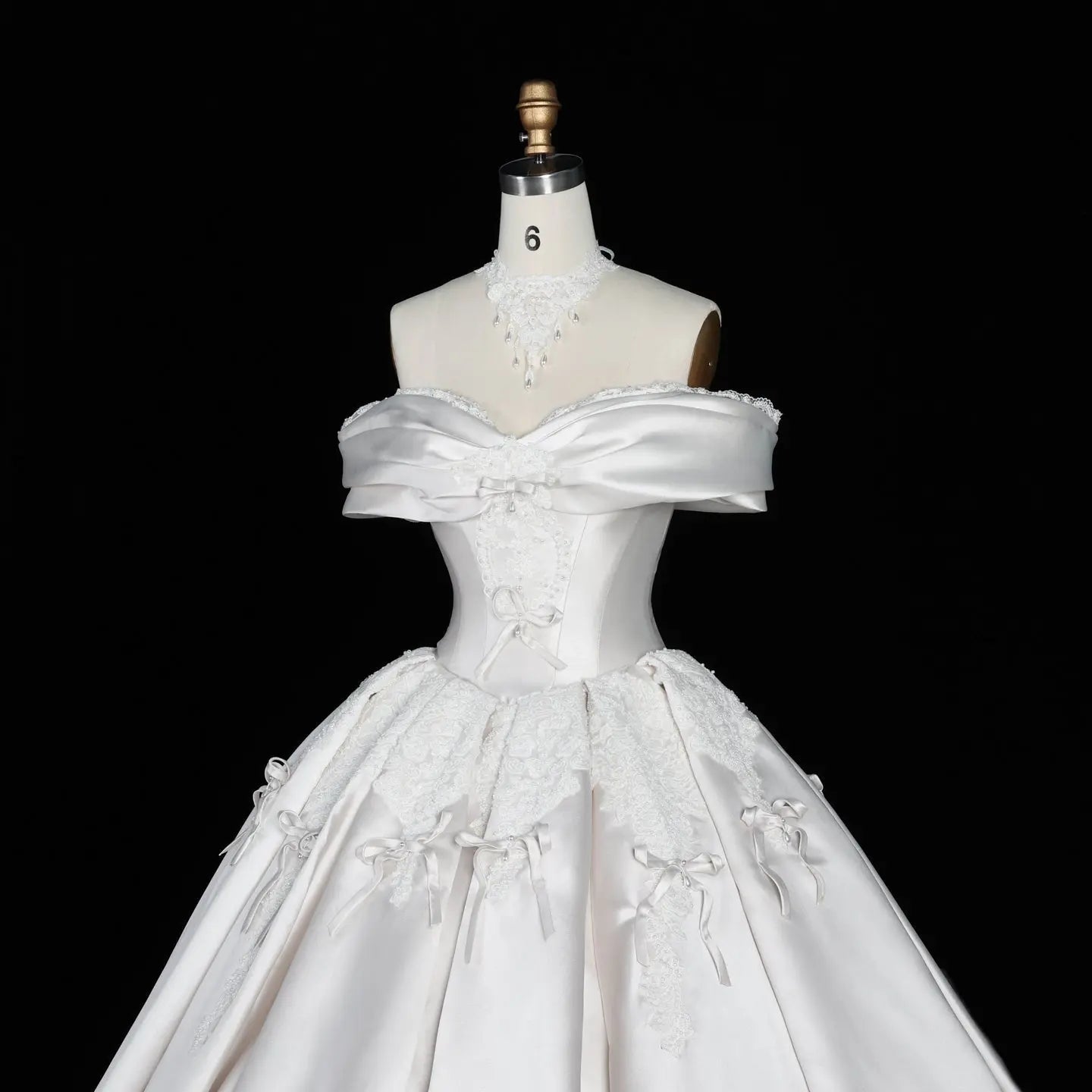 Off the Shoulder White Satin Ball Gown Wedding Dress with Long Cathedral Train SW675