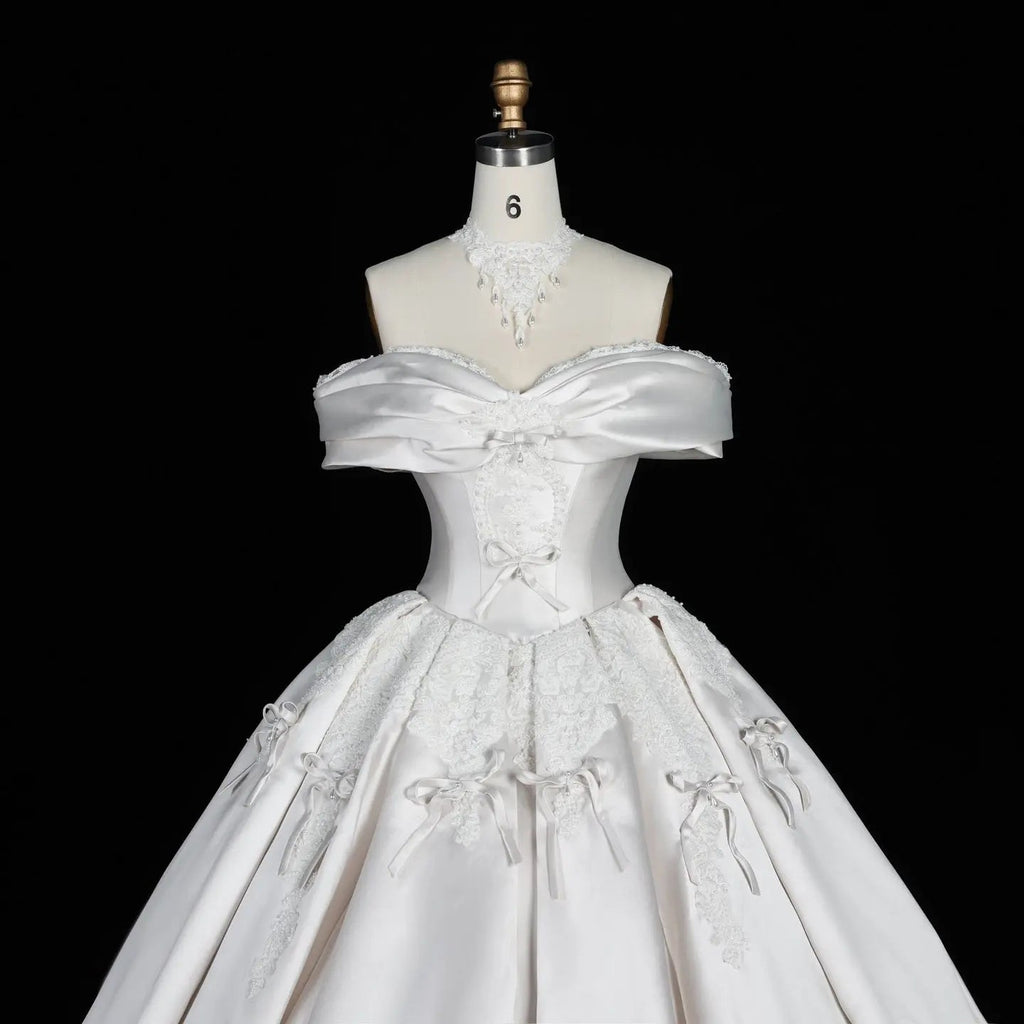 Off the Shoulder White Satin Ball Gown Wedding Dress with Long Cathedral Train SW675