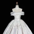 Off the Shoulder White Satin Ball Gown Wedding Dress with Long Cathedral Train SW675