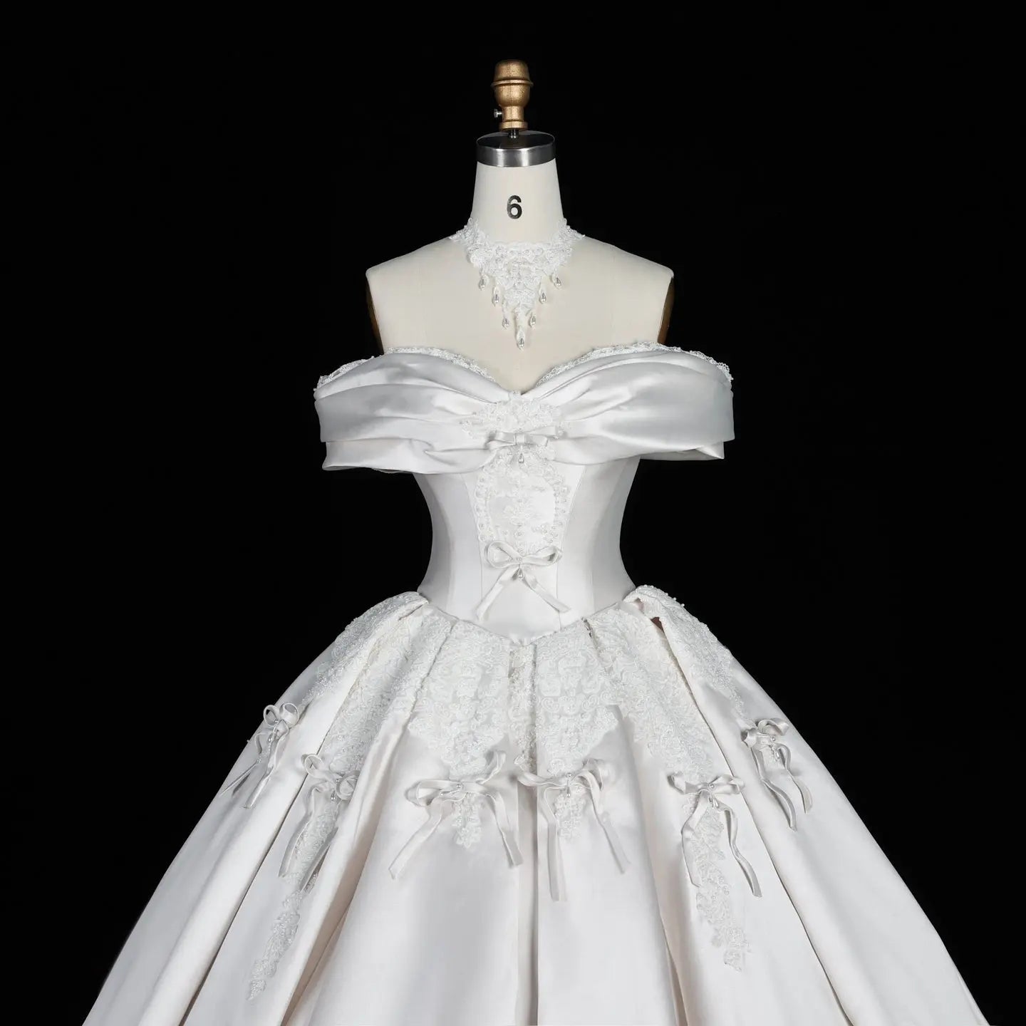 Off the Shoulder White Satin Ball Gown Wedding Dress with Long Cathedral Train SW675