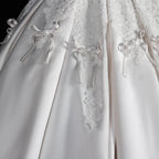Off the Shoulder White Satin Ball Gown Wedding Dress with Long Cathedral Train SW675