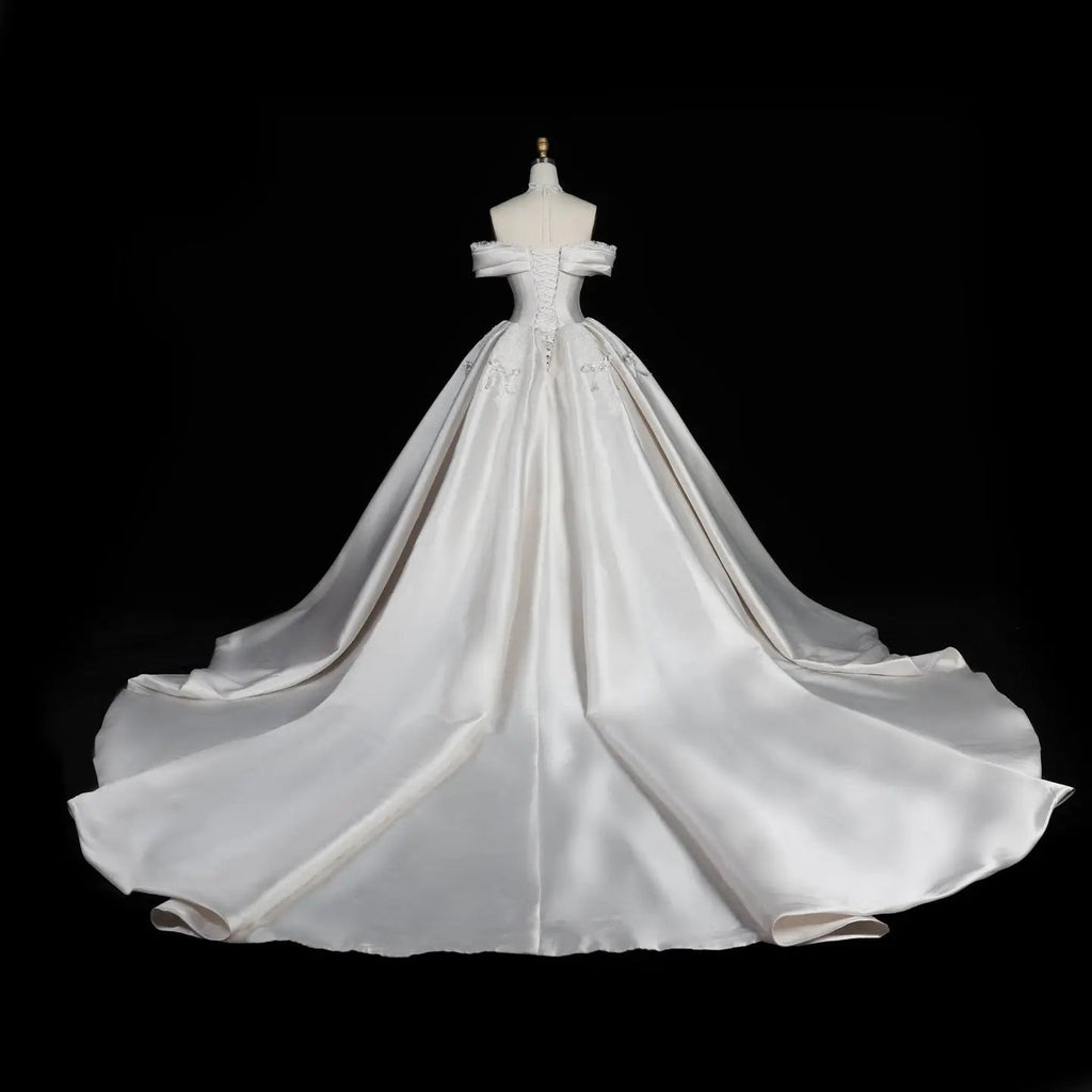 Off the Shoulder White Satin Ball Gown Wedding Dress with Long Cathedral Train SW675