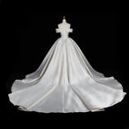 Off the Shoulder White Satin Ball Gown Wedding Dress with Long Cathedral Train SW675