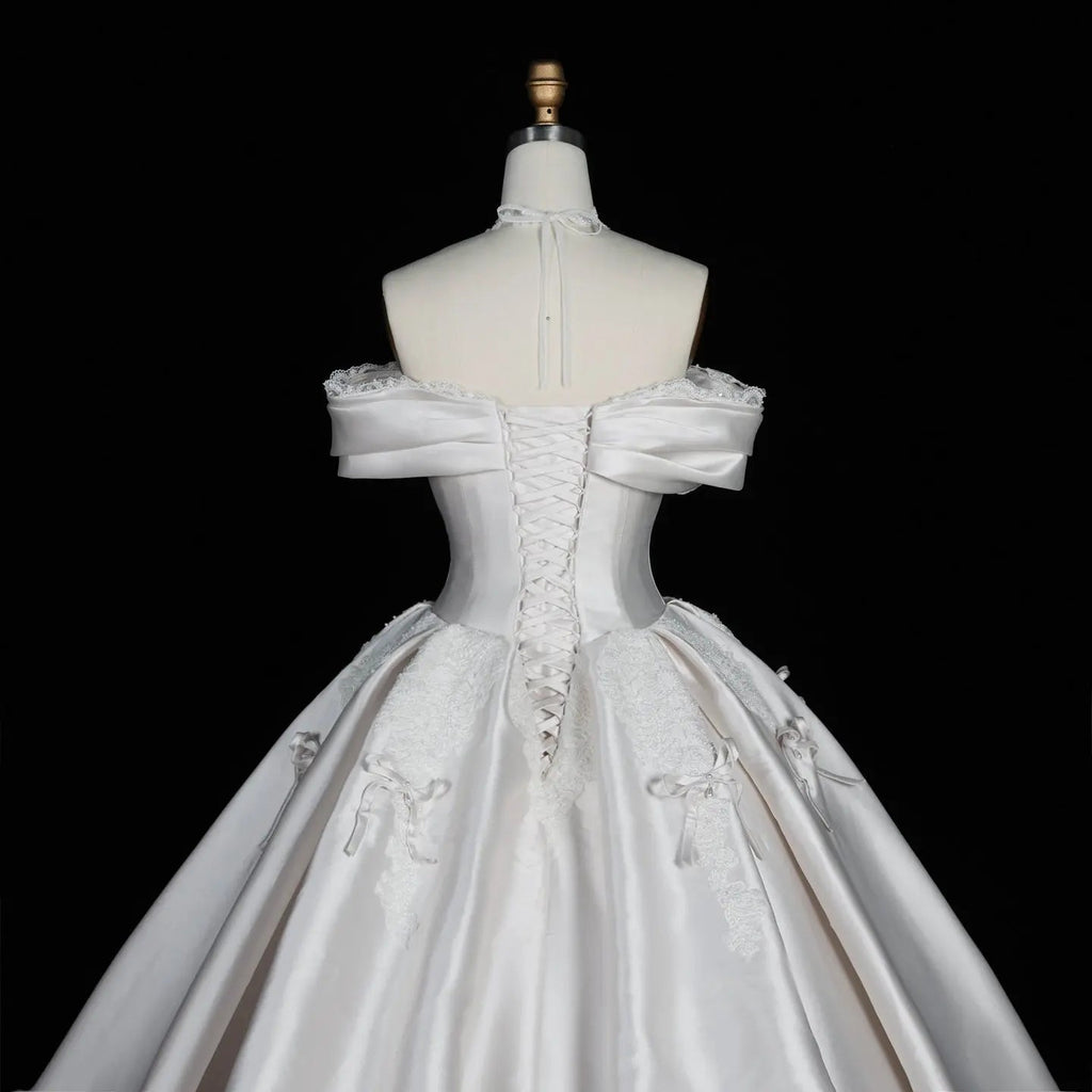 Off the Shoulder White Satin Ball Gown Wedding Dress with Long Cathedral Train SW675