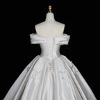 Off the Shoulder White Satin Ball Gown Wedding Dress with Long Cathedral Train SW675