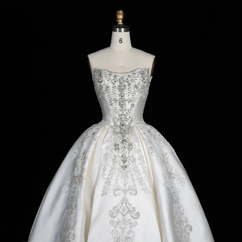 White Satin Strapless Ball Gown Wedding Dress with Luxurious Beaded Lace and Cathedral Train SW676