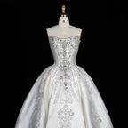 White Satin Strapless Ball Gown Wedding Dress with Luxurious Beaded Lace and Cathedral Train SW676