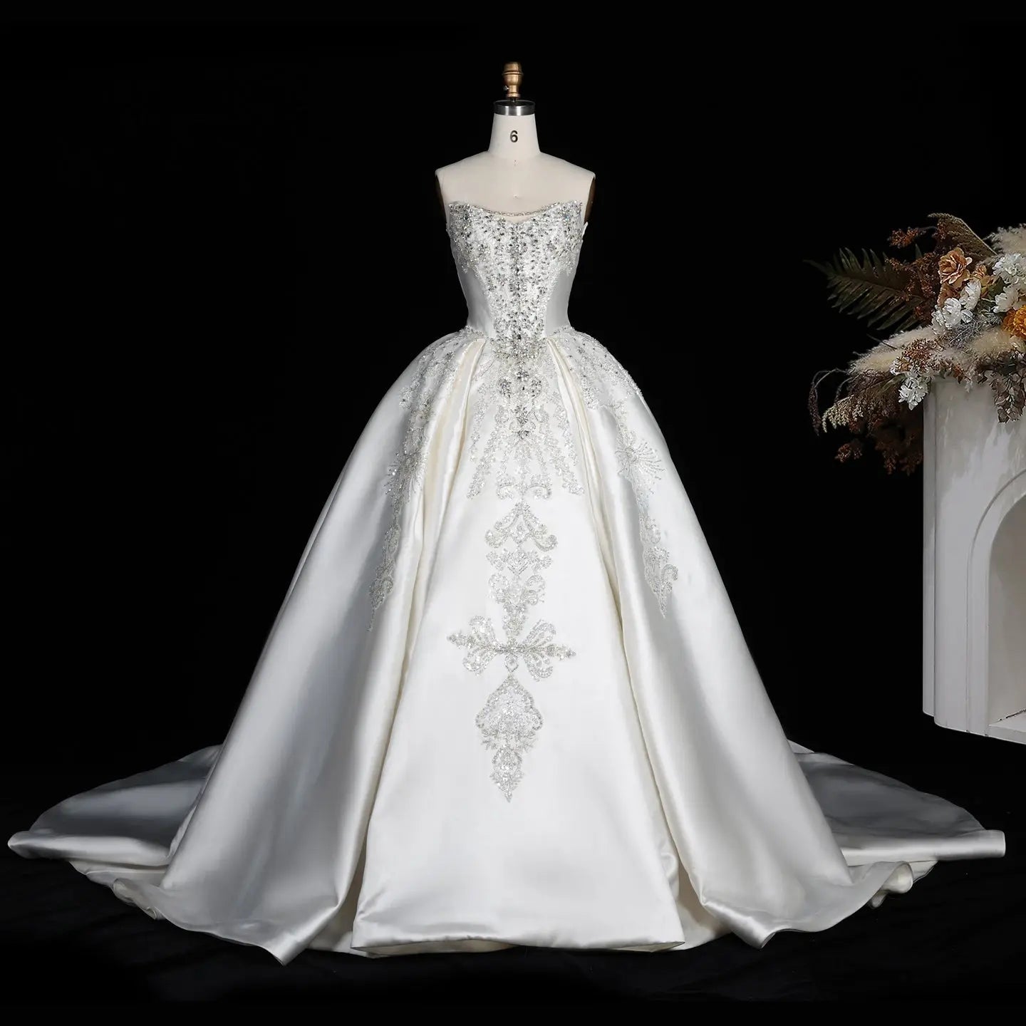 White Satin Strapless Ball Gown Wedding Dress with Luxurious Beaded Lace and Cathedral Train SW676