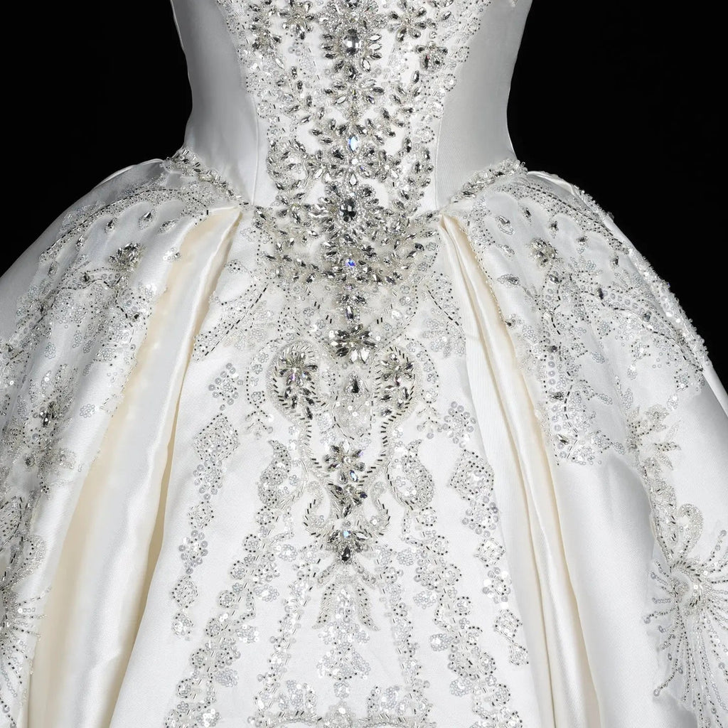 White Satin Strapless Ball Gown Wedding Dress with Luxurious Beaded Lace and Cathedral Train SW676
