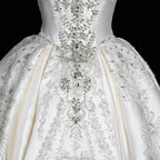 White Satin Strapless Ball Gown Wedding Dress with Luxurious Beaded Lace and Cathedral Train SW676