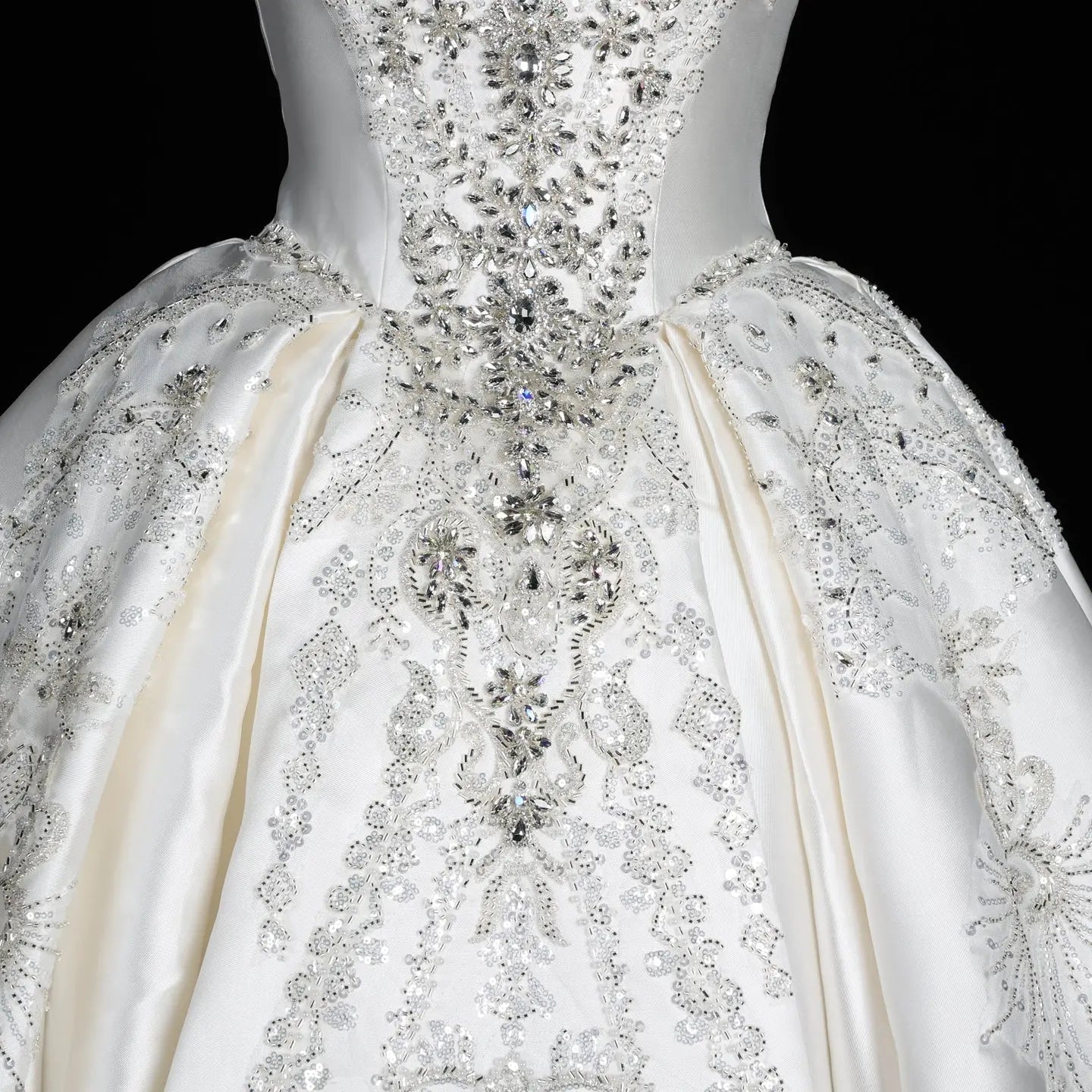 White Satin Strapless Ball Gown Wedding Dress with Luxurious Beaded Lace and Cathedral Train SW676