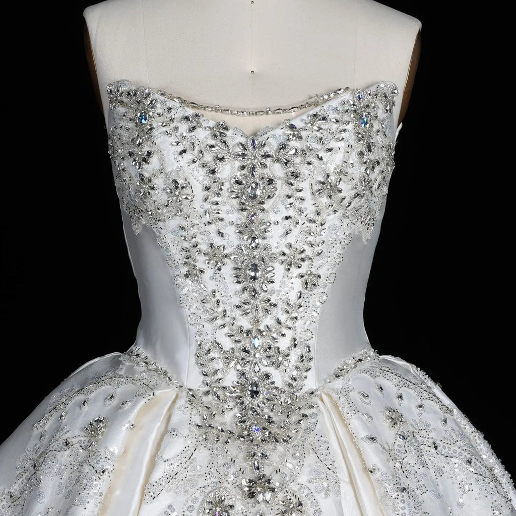 White Satin Strapless Ball Gown Wedding Dress with Luxurious Beaded Lace and Cathedral Train SW676