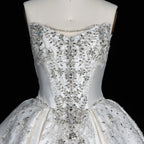White Satin Strapless Ball Gown Wedding Dress with Luxurious Beaded Lace and Cathedral Train SW676