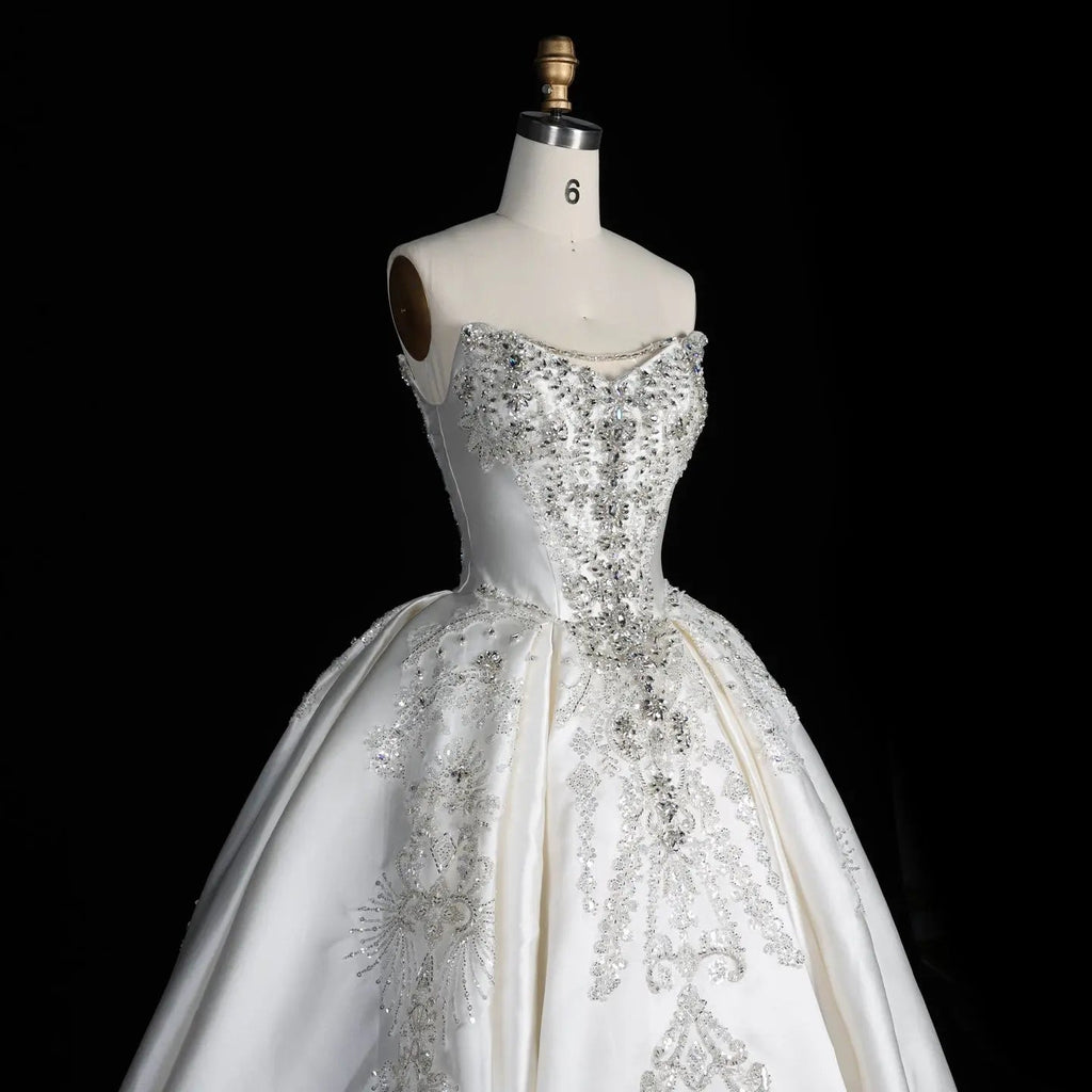 White Satin Strapless Ball Gown Wedding Dress with Luxurious Beaded Lace and Cathedral Train SW676
