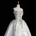 White Satin Strapless Ball Gown Wedding Dress with Luxurious Beaded Lace and Cathedral Train SW676