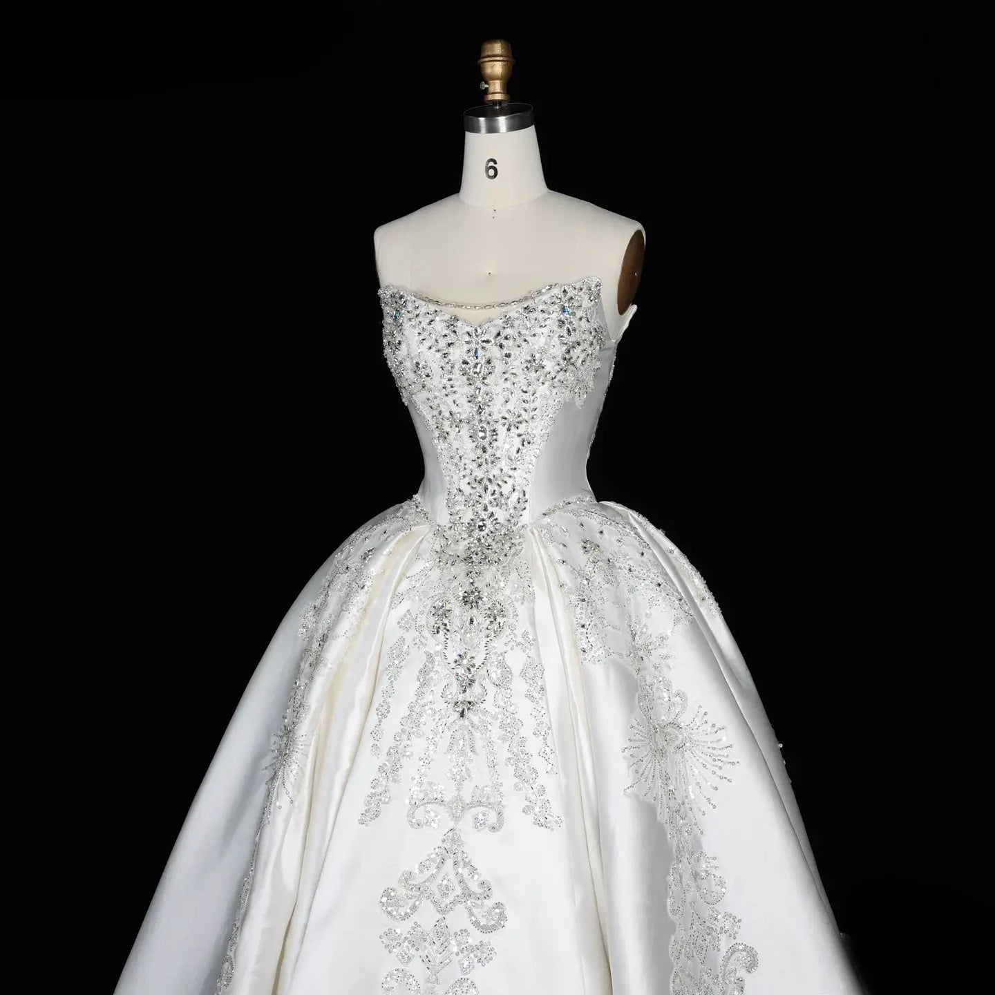 White Satin Strapless Ball Gown Wedding Dress with Luxurious Beaded Lace and Cathedral Train SW676