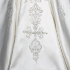 White Satin Strapless Ball Gown Wedding Dress with Luxurious Beaded Lace and Cathedral Train SW676