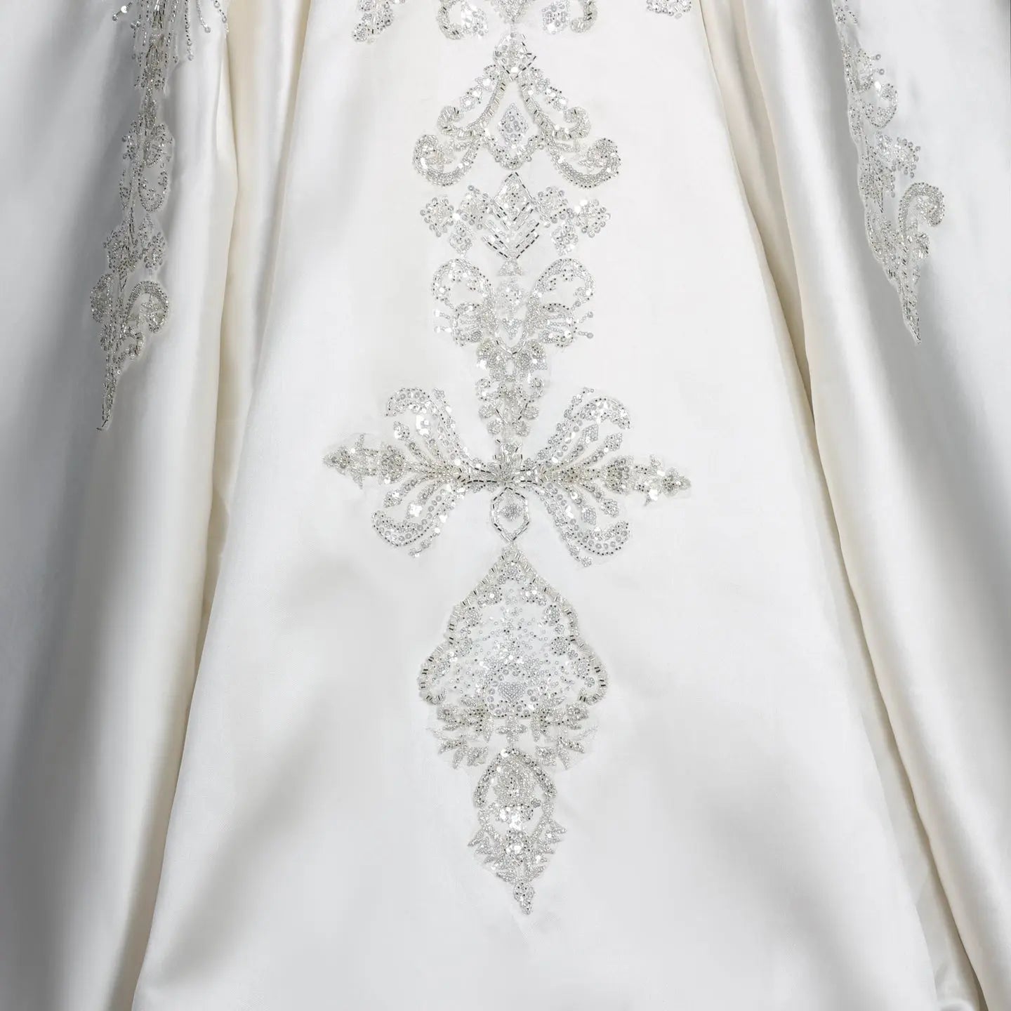 White Satin Strapless Ball Gown Wedding Dress with Luxurious Beaded Lace and Cathedral Train SW676
