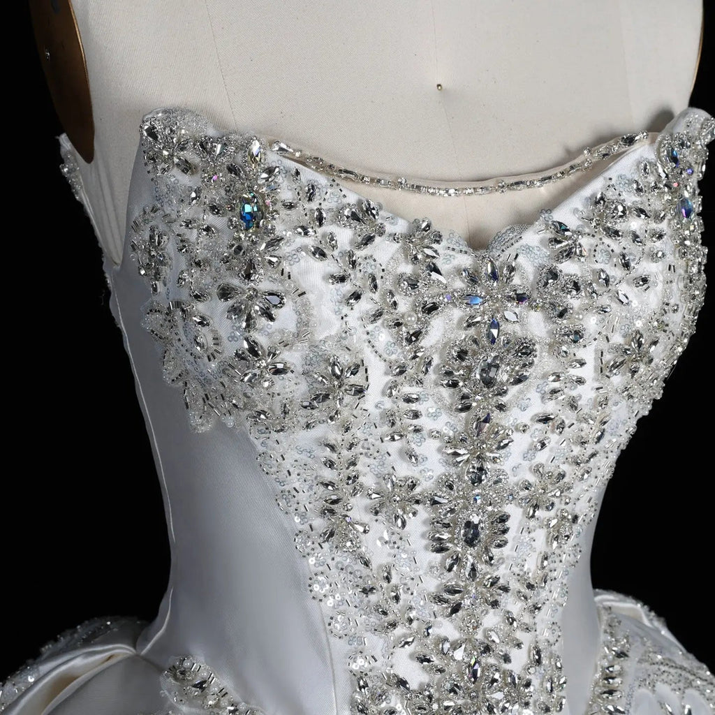 White Satin Strapless Ball Gown Wedding Dress with Luxurious Beaded Lace and Cathedral Train SW676