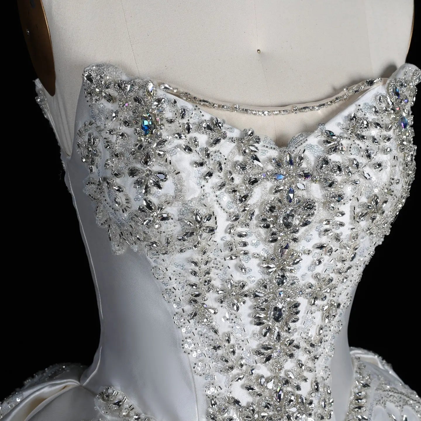 White Satin Strapless Ball Gown Wedding Dress with Luxurious Beaded Lace and Cathedral Train SW676