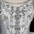 White Satin Strapless Ball Gown Wedding Dress with Luxurious Beaded Lace and Cathedral Train SW676