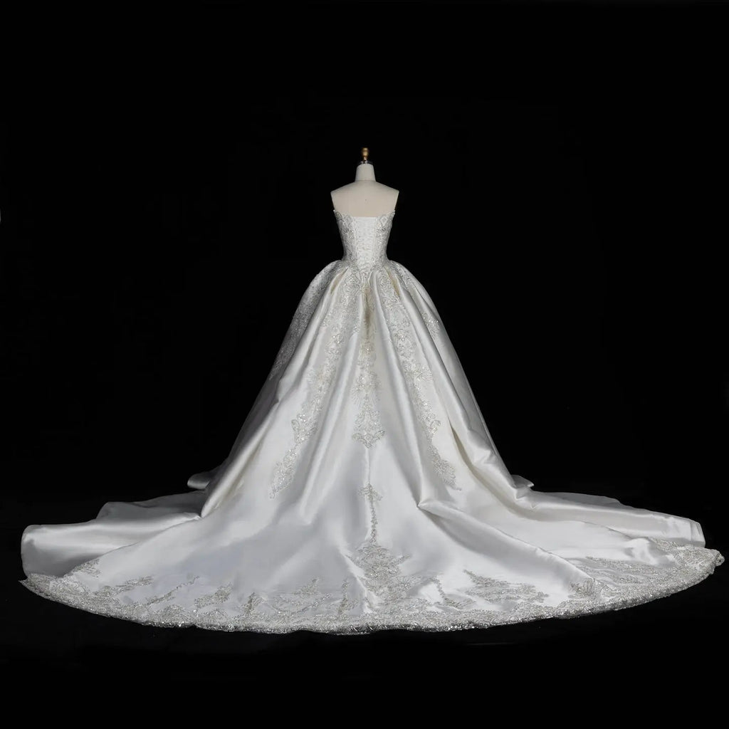 White Satin Strapless Ball Gown Wedding Dress with Luxurious Beaded Lace and Cathedral Train SW676