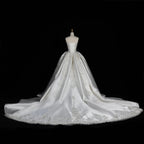 White Satin Strapless Ball Gown Wedding Dress with Luxurious Beaded Lace and Cathedral Train SW676