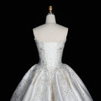 White Satin Strapless Ball Gown Wedding Dress with Luxurious Beaded Lace and Cathedral Train SW676