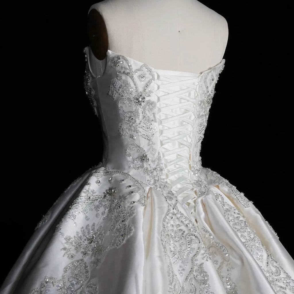 White Satin Strapless Ball Gown Wedding Dress with Luxurious Beaded Lace and Cathedral Train SW676
