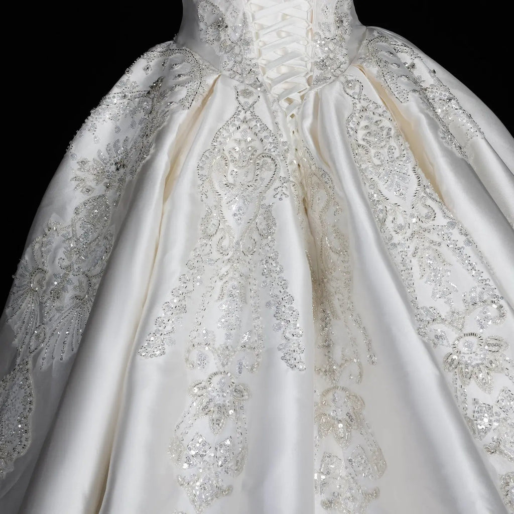 White Satin Strapless Ball Gown Wedding Dress with Luxurious Beaded Lace and Cathedral Train SW676